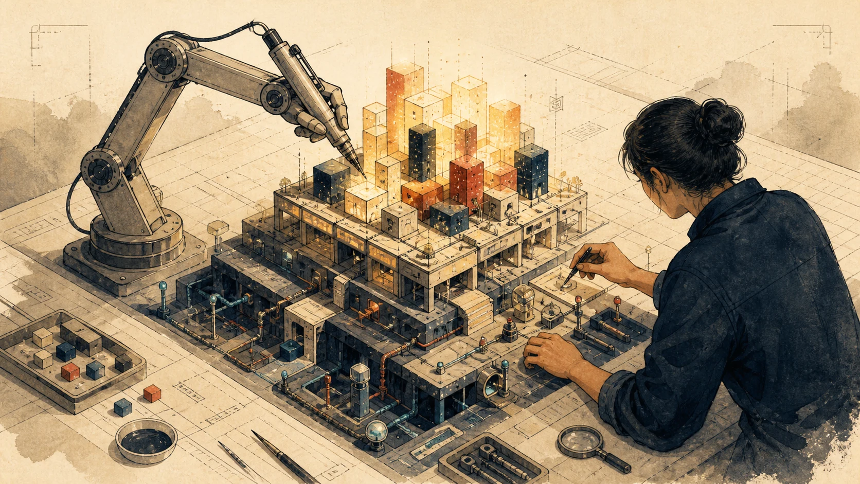 A machine arm rapidly builds the upper floors of a software city while an engineer adds foundations, guardrails, inspection points, and recovery routes