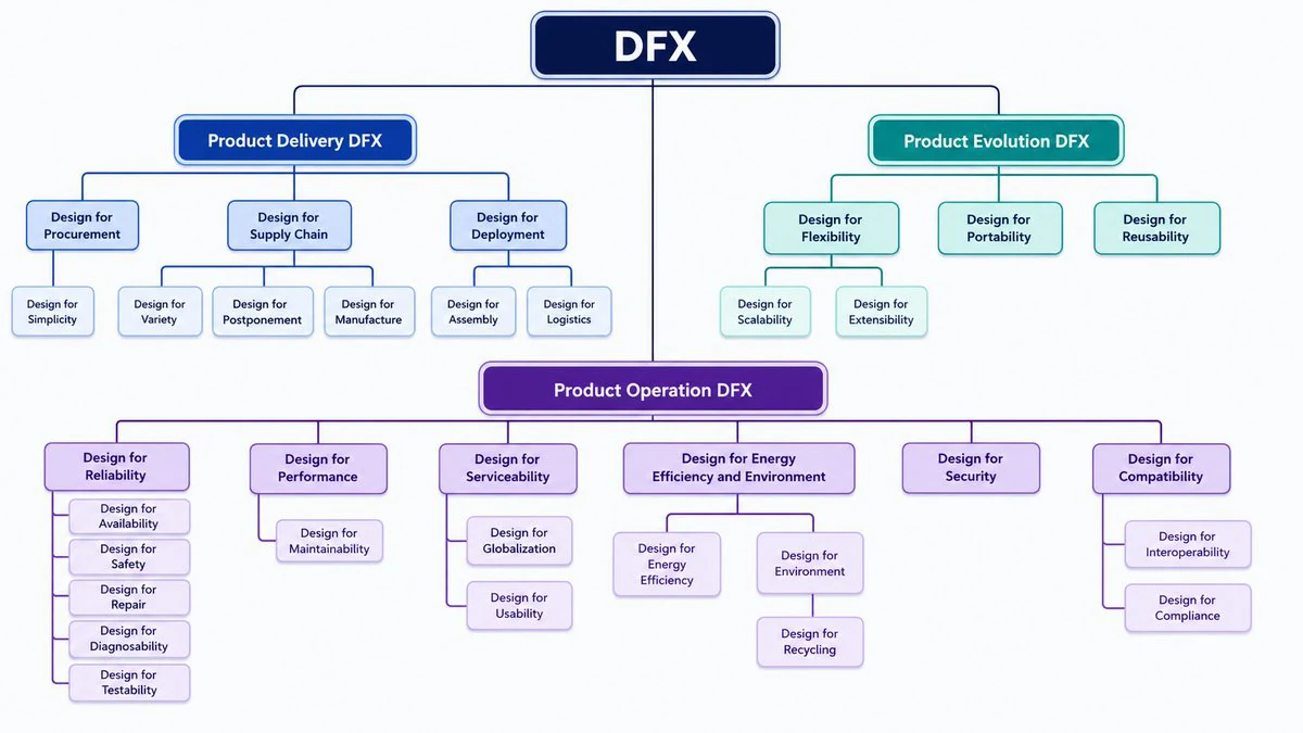 A DFX taxonomy grouping quality goals under product delivery, product evolution, and product operation