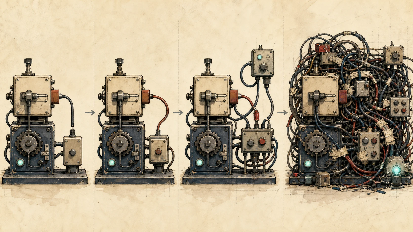 A clean mechanism receives one reasonable patch after another until it still runs but is buried under tangled wires and duplicated controls