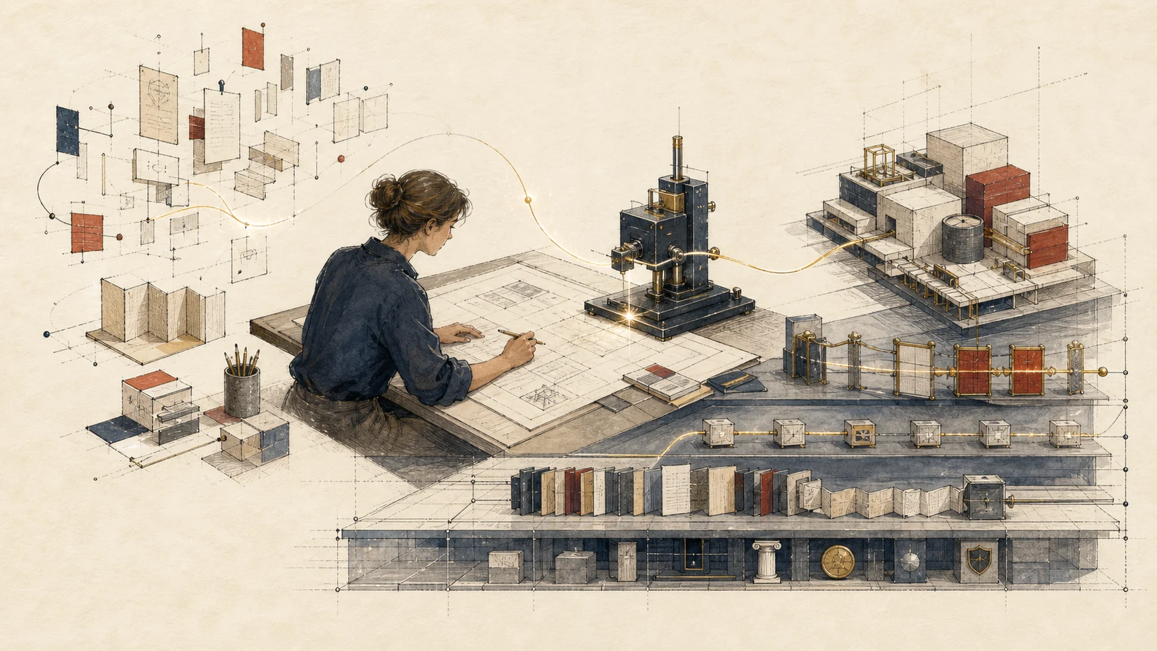 A business designer turns loose application prototypes into a stable platform structure with workflows, permission gates, and audit paths using an AI-assisted composing machine