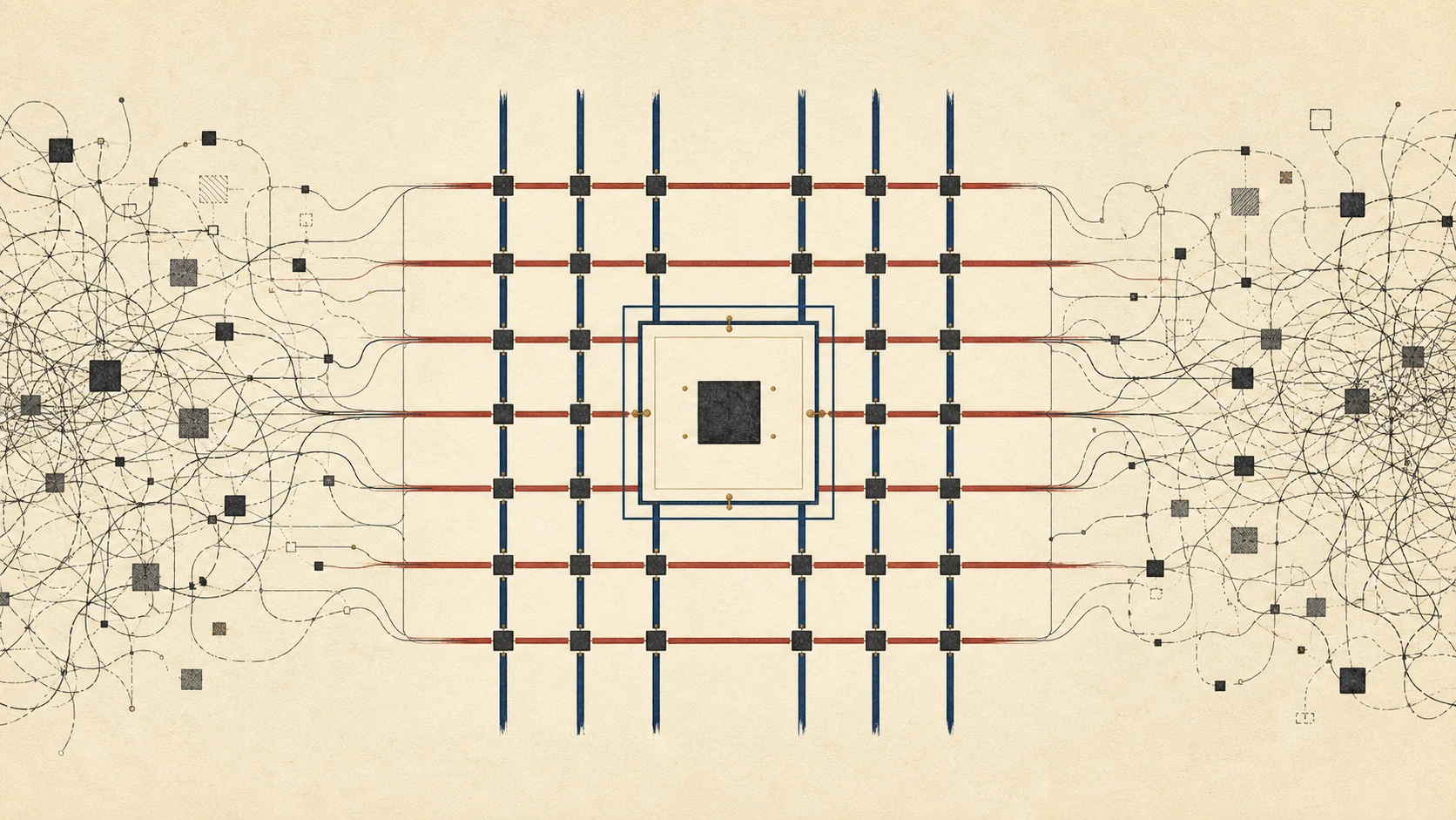 A grid of vertical businesses and horizontal capabilities surrounding a stable core of business rules