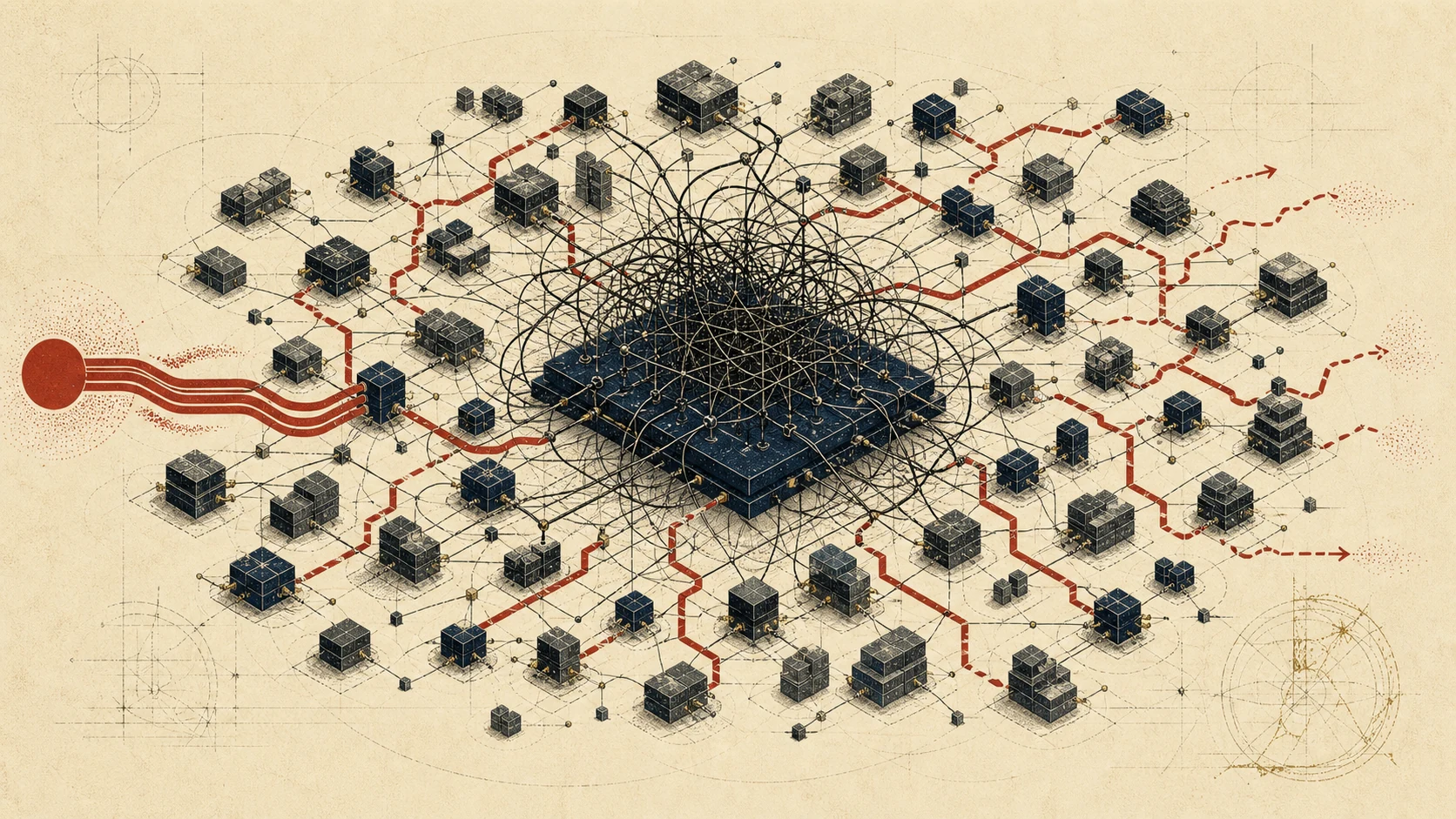 Many applications, business branches, and release paths tangled around a shared platform, allowing local changes to spread through invisible dependencies