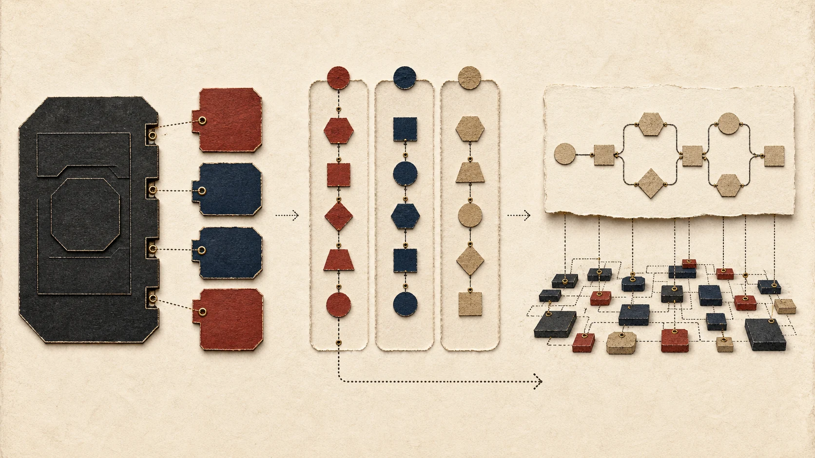 A platform core connected to external business plugins through contracts, isolated lanes for separate business identities, and one logical business flow above a fragmented physical service topology