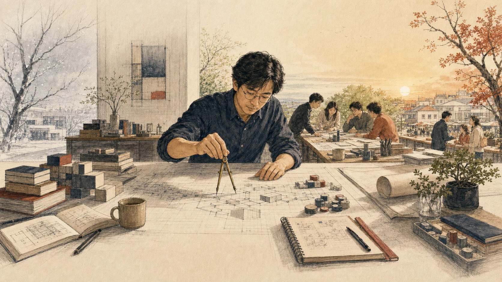 一名技术人员在横跨四季的长桌前工作，桌面从代码模块延伸到团队协作和业务系统，象征职业成长的衡量方式逐步扩大