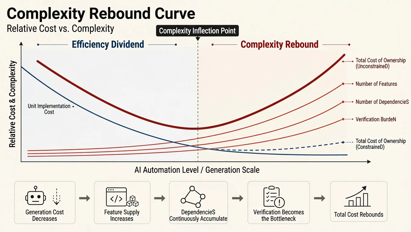 A complexity rebound curve in which implementation cost per feature falls with AI while feature count, dependency count, and verification burden rise, causing total cost of ownership to rebound without constraints