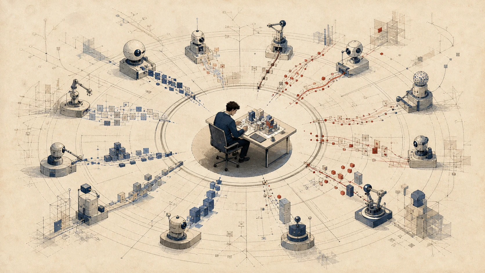 An engineer sits at the center of a circular workspace while many AI tools send tasks and results inward, making human attention the bottleneck
