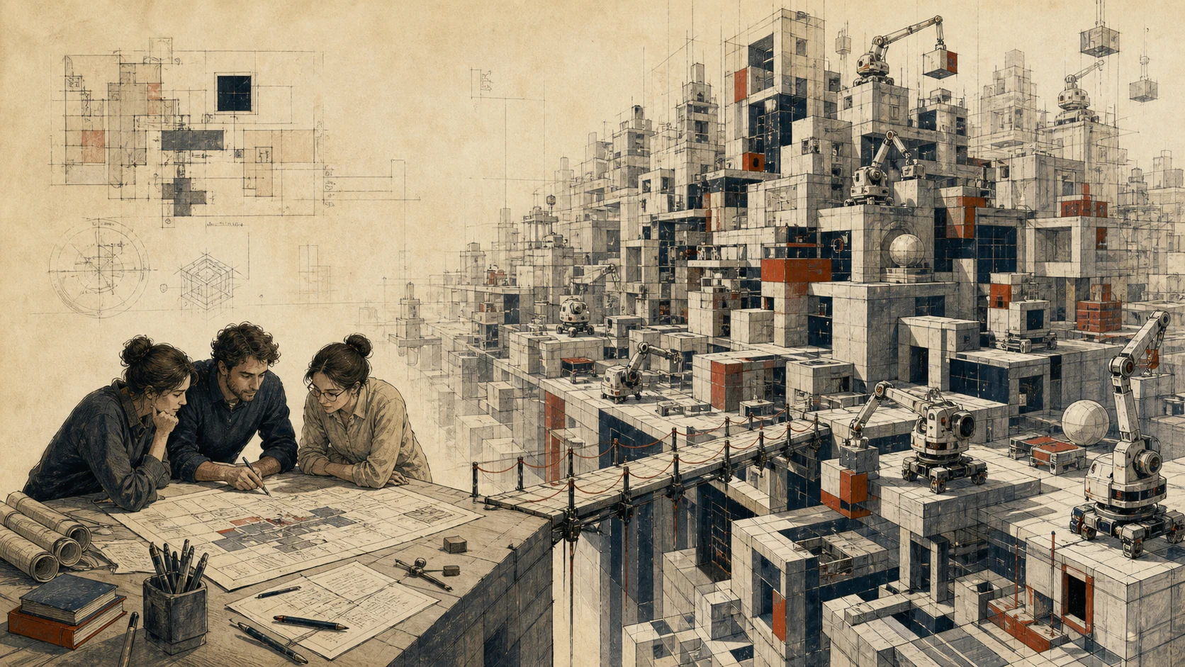 Three team members study a limited system map while AI tools rapidly expand a vast modular city beyond a narrow bridge