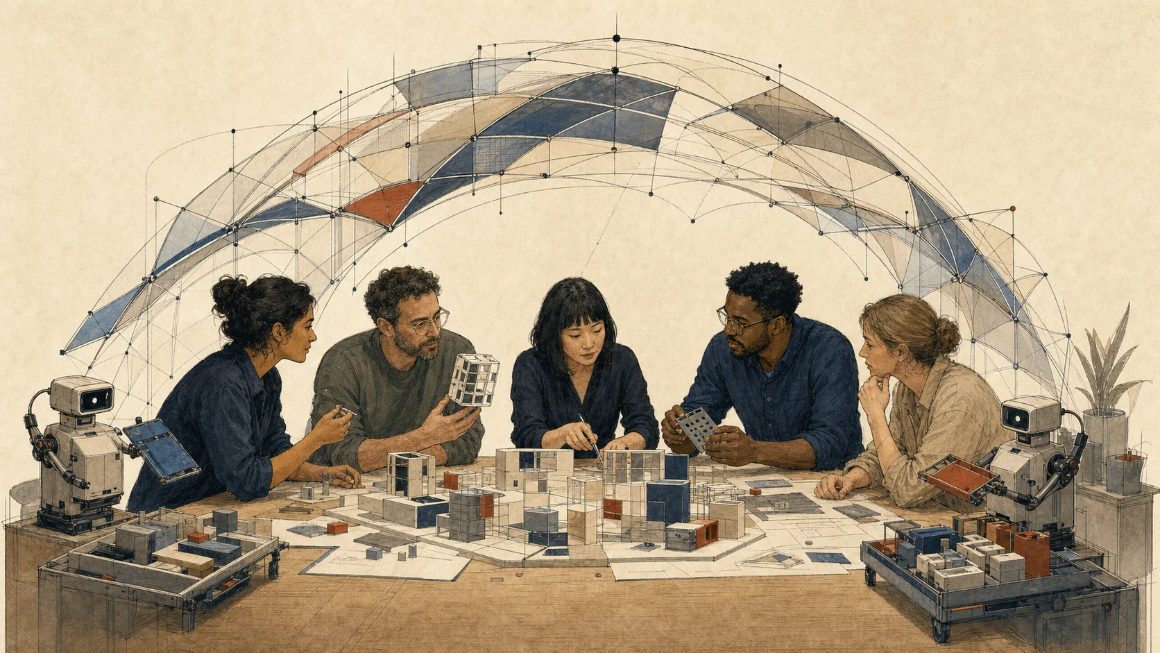 Five team members discuss incomplete system models around a shared table while their collaboration forms a protective structure and AI tools provide materials