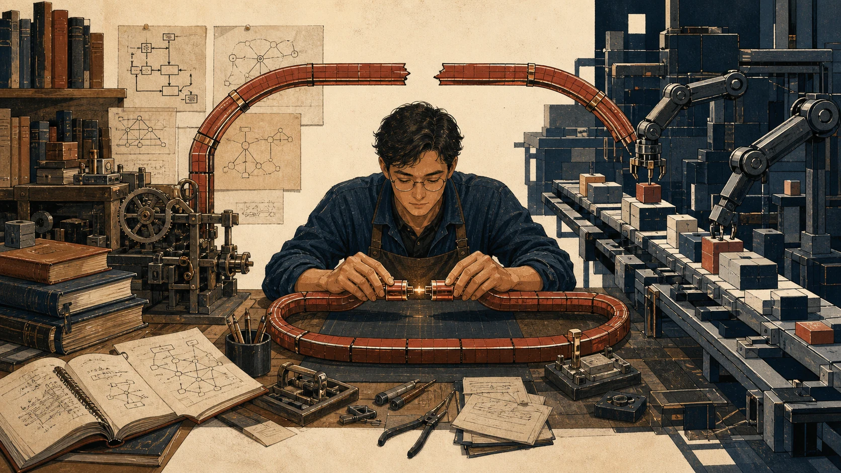 A programmer repairing a broken feedback loop between an old workbench and an automated structure that builds software