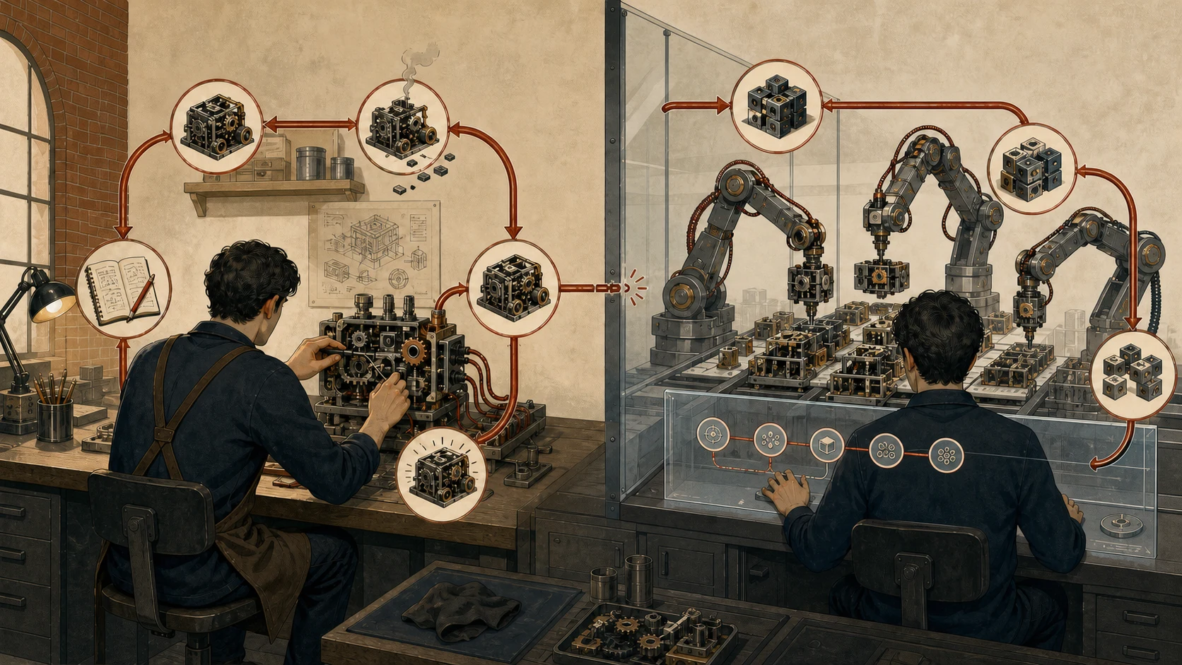 Two paths into software expertise: on one side a programmer learns through failure, tracing, repair, and maintenance; on the other a programmer directs automated machinery through a glass interface while the feedback loop breaks between delivery and understanding