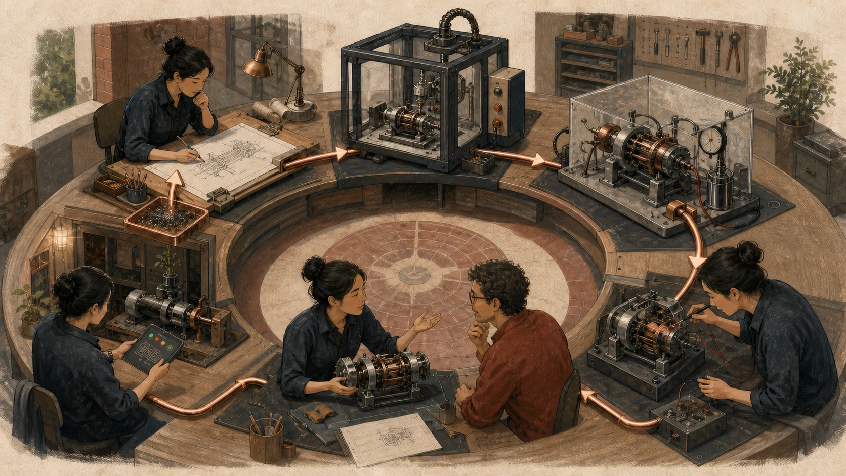 A programmer and an AI share a circular workbench moving through prediction, constrained generation, stress testing, human tracing, explanation, and long-term maintenance, with operational evidence feeding the next judgment